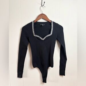Aqua black ribbed long sleeve embellished bodysuit size XS